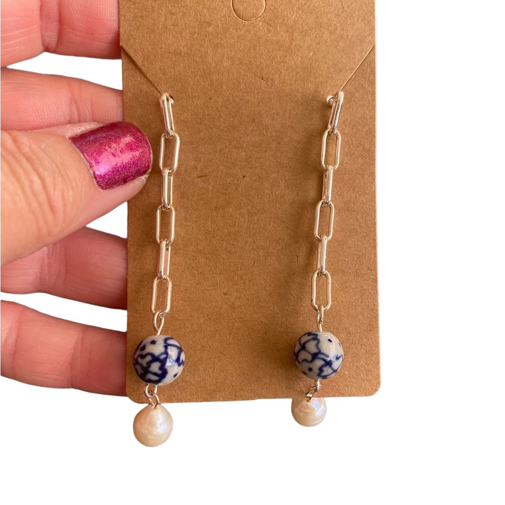 Beaded Silver Chain with Pearl Drop Earrings